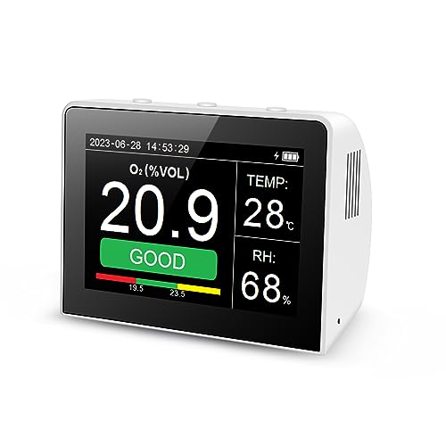 Desk O2/RH/Temp. 3-in-1 Multifunctional Air Quality Detector Temperature Humidity Monitor Indoor/Outdoor O2 Meter Tester 3.5-inch Digital Hygrothermograph with Data Logger Reable Battery for