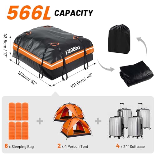 Favoto Coffre de Toit Voiture Imperméable - Sac de Toit Porte-Bagages 566L Pliable avec Tapis Antidérapant Crochet de Porte et Sangles de Renfort pour Le Transport des Bagages Orange