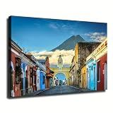 Antiguaa City Guatemala Volcano Cityscape Poster Printing Canvas Painting Wall Art Modern Home Bedroom Office Room Bathroom Living Room Aesthetic Decoration (Framed,08x12 inch)
