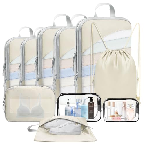 Qlfyuu Compression Packing Cubes for Suitcases Backpack, 10 Piece Lightweight Compression Bags Set Travel Storage Bags for Luggage, Travel Essentials Organiser, Beige