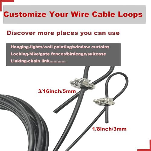 Bytiyar 3/16\"(5mm) Wires Cable 9.8ft(300cm) Vinyl Cover Coated Stainless Steel Long Wire Rope with U Clamp Hanging Cord Chain, for Gate Fence Line, Plant Trellis, Clothesline and Light String,Black