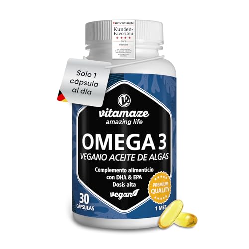 Omega 3 Vegano de Aceite de Algas - 1080 mg por cáspsula diaria - 375 mg de DHA y 125 mg de EPA durante 1 mes - Máxima Biodisponibilidad