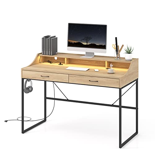 Linsy Home Computer Desk With Two Drawers And Led Light, 47-Inch Writing Desk Study Table With Monitor Stand Riser For Home Office, Light Brown #TOP29