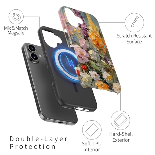 Image of Goodon for iPhone 16 Plus Case Cute - Wireless Charging Compatible - Dual-Layer Hard Shell + Silicone Cover - Protective Phone Case with Trendy Designs for Women - Oil Painting Flowers