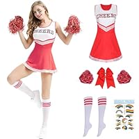 PASLFC Cheerleader Kostüm Damen für Erwachsene,Cheerleading outfit,Cheerleadering Outfit,High school musical cheerleader kostüm,Cheerleader Pompoms für Karneval Party Cosplay Fasching Halloween