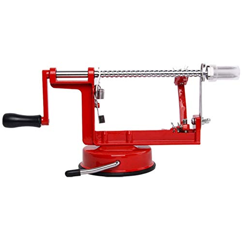 Éplucheur de pommes manuel 3 en 1 avec base sous vide et trancheuse à lame en acier inoxydable, convient aux écorneurs de pommes de terre de fruits de la famille, rouge