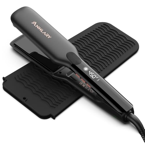 Annlary Hair Straightener 1 Inch Flat Iron and Curler 2 in 1 Titanium Ceramic Ionic Dual Voltage Straightener with Heat-Resistant Silicone, for Less Frizz, Shinier & Smoother
