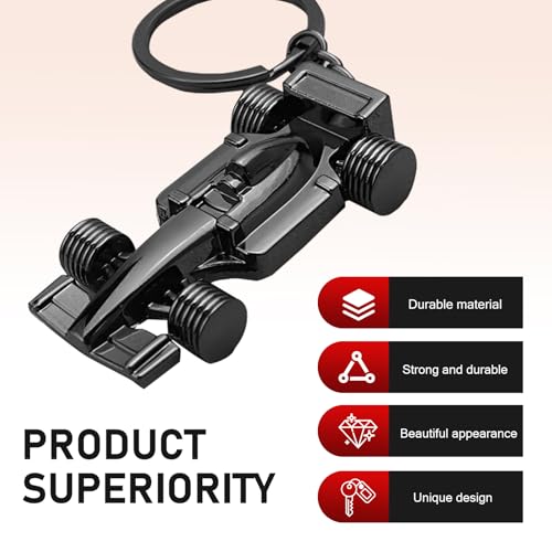 Qurbuns 2 PCS 3D Race Car Keychain Set, Cool Mini Metal Racing Model Keychain, Ideal Gift for Father Husband Boyfriends Racing Fans, Universal Heavy Duty Metal Key Chain Accessories (Silver&Black)