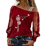 Generic T-Shirt Damen Schulterfrei Oberteile Glitzer Langarmshirt Mode Langarm Shirt Bluse Tops Tunika Einfarbig Pullover Jumper Herbst Winter Spitze Streetwear Laufshirt, Z1-rot, XXL