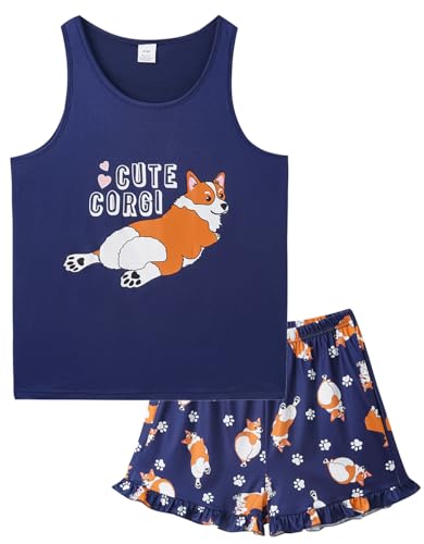 Girls Sleeveless Pajamas Vest Tank Top and Ruffle Shorts Sleepwear Outfits 2pcs Cute Printed Soft Sleepwear