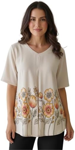Bollyclues Women’s Floral Printed Top | Soft Polycotton V-Neck Short Sleeve Tunic for Casual & Office Wear | Comfortable Ladies Top Cream
