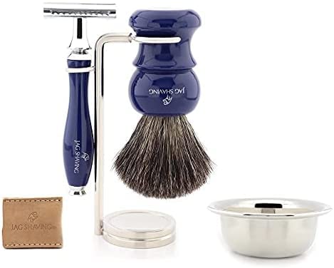 Jag Shaving Double Edge zestaw do golenia, pędzel do golenia ze srebrną końcówką, stojak i miska do golenia
