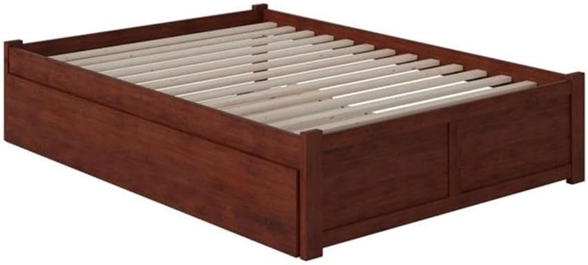BOWERY HILL Solid Wood Platform Full Panel Bed with Trundle, Walnut Finish, 77.52 x 55.83 x 16.54 in, Contemporary Design, USB Charging Station, Durable Bedroom Furniture for Kids or Tweens