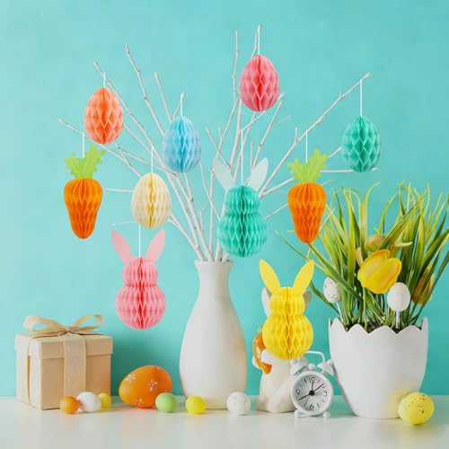 JULMELON 12PCS Easter Honeycomb Hanging Decoration, Bunny Carrot and Egg Hanging Ornaments 3D Colorful Easter Paper Honeycomb Tree Ornaments Set for Yard Window Spring Party Decorations by JULMELON - Image 6