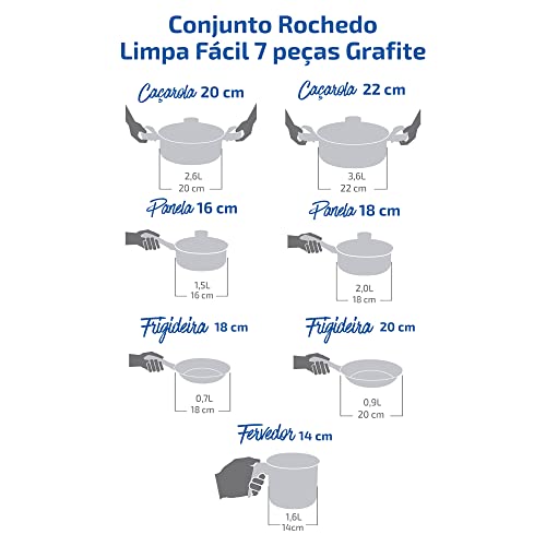 Conjunto de Panelas Antiaderente 7 Peças Rochedo Limpa Fácil Grafite