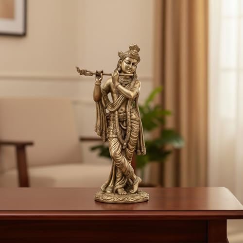 Image of eCraftIndia Golden Brass Lord Krishna Idol Playing Flute | Krishna Statue for Home Living Room Office
