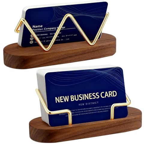 2 Pcs Wood Business Card Holder,Metal Display Stand Organizer for Office, Home Desktop Fits Business Cards, Postcards(Ellipse)