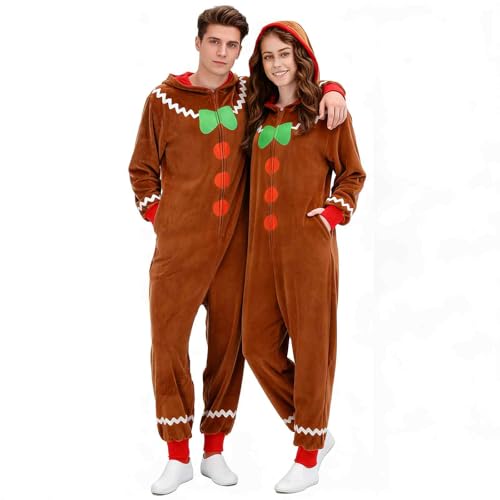 DOBGOMN Gingerbread Man Costume Adult Christmas Hooded Onesie Long Sleeve Zipper Jumpsuit Pajamas Homewear Cookie Outfits Brown