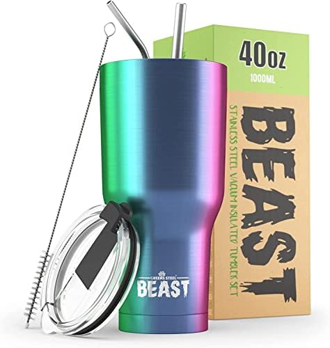 Beast Tumbler - 550 ml (20 oz), Aqua Blue | Reusable Stainless Steel, Vacuum Insulated Cup | with + 2 Straws & Cleaning Brush | Double Wall Travel Flask Perfect for Hot or Iced Coffee | BPA Free