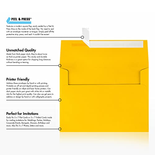 Luxpaper A7 Invitation Envelopes | Peel & Press | 5 1/4" X 7 1/4" | Sunflower Yellow | 80Lb. Text | 50 Qty #TOP7