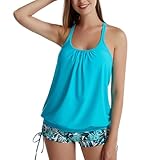 IHCEMIH Bañador Mujer Tankini Push up Relleno Dos Piezas Bañadores Conjunto Reductor Barriga Cintura Alta Boxer Traje de Baño Ropa Playa Natacion Piscina Deportivo Impresión Tankinis Verano Azul L