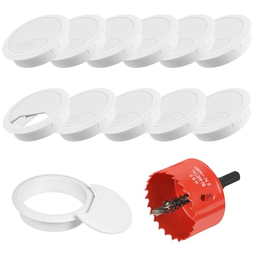 Flintronic 12 Pezzi Passacavi Scrivania, 60mm Passacavo per Scrivania, Scrivania Passacavi, con Seghe a Tazza da 60 mm, per Organizzare Filo per Casa e Tavolo ddell’ufficio - Bianco