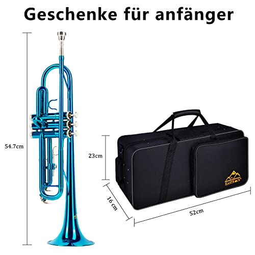 EASTROCK Trompete BB Standard Trompete Kit mit Tragetasche, Handschuhe, 7C Trompete Mundstück,Tuning Rod, Trompeten für Anfänger und Schüler(Lake Blue)