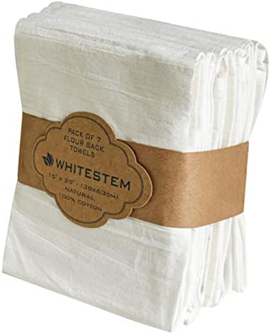 WHITESTEM Flour Sack Dish Towels | 15”X25” | 7-Pack | Natural | 130 Thread Count Ring Spun Cotton, Kitchen Dish Towels, Kitchen Towels, Hand Towels, Tea Towels and Dish Cloths