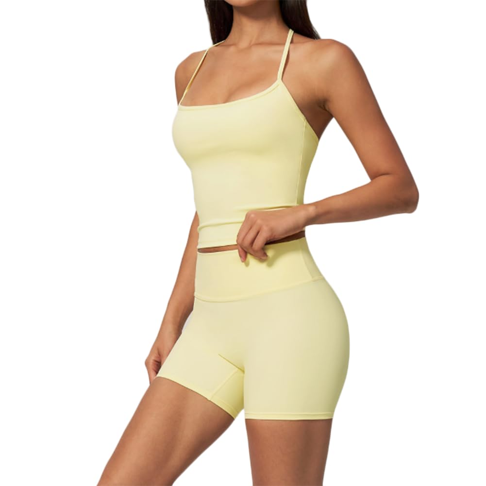 Completo Due Pezzi Donna: Canotta Yoga e Shorts | Canotta a spalline sottili scollo U schiena a Y abbinata a shorts vita alta sollevaglutei