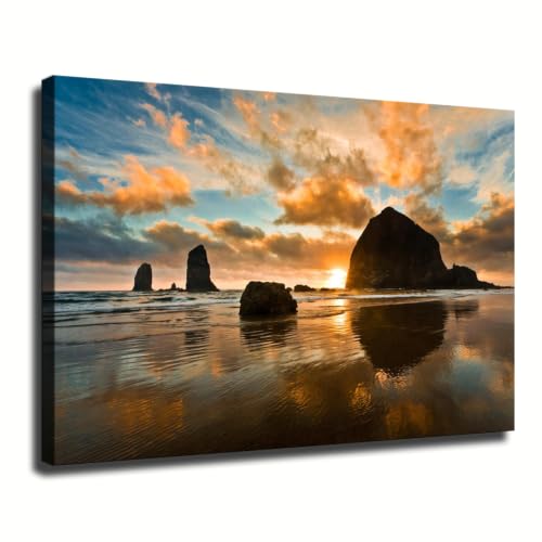 Sunset on Haystack Rocks in Cannon Beach Oregon Poster Home Decor Canvas Painting HD Picture Bedroom Living Room Decor Wall Art (Framed,16x24 inch)