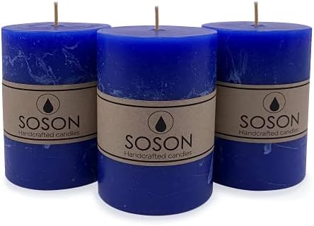 Simply Soson Rustic 3x4 Classic Blue Pillar Candles Set of 3 - Unscented Candles - Large Candle for Candle Holders - Velas Decorativas - Blue Candles Pillar - Colored Candles Fall Pillar Candles Bulk