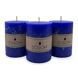 Simply Soson Rustic 3x4 Classic Blue Pillar Candles Set of 3 - Unscented Candles - Large Candle for