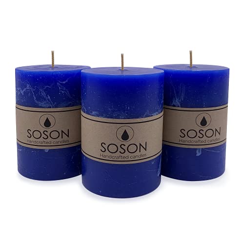 Simply Soson Rustic 3X4 Classic Blue Pillar Candles Set Of 3 - Unscented Candles - Large Candle For Candle Holders - Velas Decorativas - Blue Candles Pillar - Colored Candles Fall Pillar Candles Bulk #TOP20