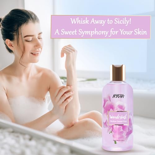 Image of Nykaa Wanderlust Bath and Body Sicilian Sweet Pea Shower Gel,300 Ml|Nourishes & Hydrates|Gentle Cleanser|Sweet Smell |Enriched With Aloe Vera|Paraben-Free,Vegan|Suitable For All Skin Types