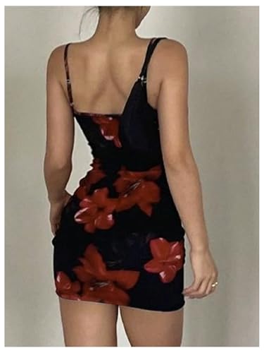 Image of Verdusa Women's Y2K Mini Dress Floral Sexy Cami Dress Short Bodycon Causal Going Out Dresses Black and Red Small