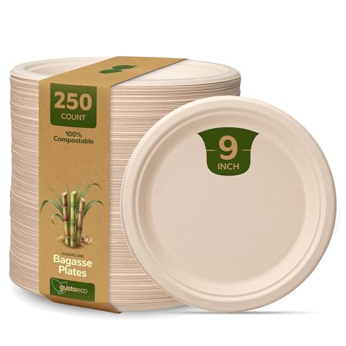 Image of Comfy Package GUSTO 9 Inch - Paper Plates, 100% Compostable Plates Heavy-Duty - [250 Count] Kraft Biodegradable Plates, Disposable Sugarcane Paper Plates - Brown Unbleached