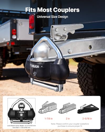 VEVOR Trailer Hitch Lock, Fits for 1-7/8 in, 2 in, 2-5/16 in Couplers, Heavy-Duty Anti-Theft Trailer Ball Lock with 3 Keys, Prying-Resistant, Adjustable Height Design for RVs, Boats, Trailers, Black