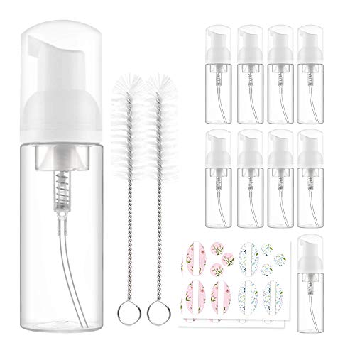 CycleMore 10 Pack 60ml Clear Foam Pump Bottle BPA Free Plastic Foam Dispenser Bottle Refillable Mini Foaming Soap Dispenser with 12 Labels and 2 Brushes for Home Cleaning, Travelling, Cosmetics