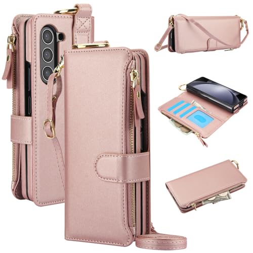 Étui portefeuille Samsung Galaxy Z Fold 6 en cuir or rose avec fermeture éclair de sécurité