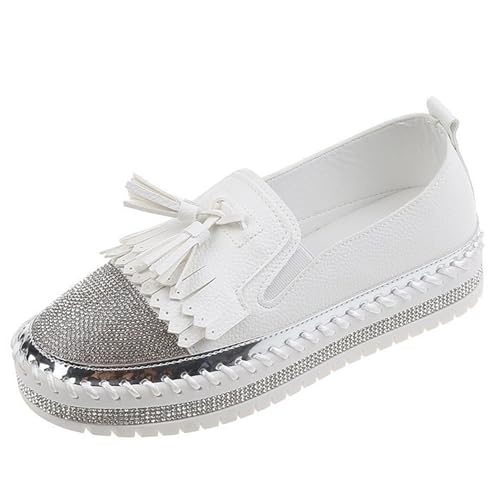 Women's Rhinestones Glitter Tassel Thick Sole Loafers Slip-on Handmade Comfortable Breathable Platform Walking Sneakers