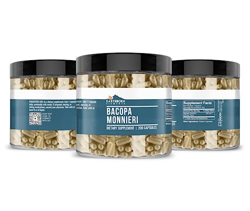 Earthborn Elements Bacopa Monnieri 200 Capsules, Pure & Undiluted, No Additives #TOP3