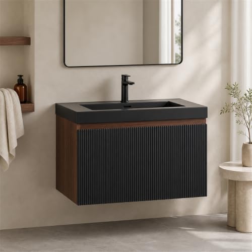 Abruzzo 24 in Single Sink Floating Bathroom Vanity, Smoked Walnut | Basin supplied with daily-use storage; faucet, pop-up drain, and mirror are not included.