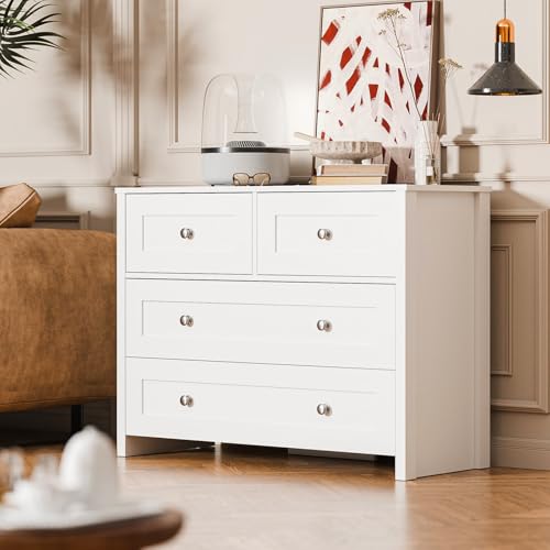 SunsGrove 40 inch Wide 4 Drawer Dresser, Modern White Wooden Chest for Home Organization, Storage Cabinet for Bedroom, Living Room, Home Office