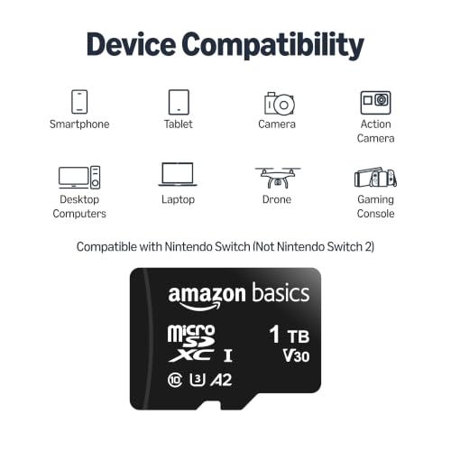 Amazon Basics microSDXC Memory Card with Full Size Adapter, A2, U3, Read Speed up to 100 MB/s, 1 Tb, Black view 3