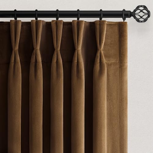 Brown Gold Custom Velvet Curtains 108 Inches Long for Living Room Large Window Viral Elegant Pinch Pleated Room Darkening Thermal Curtain Drapes with Hooks & Back tab Heavy Tall Floor Length 2 Panels