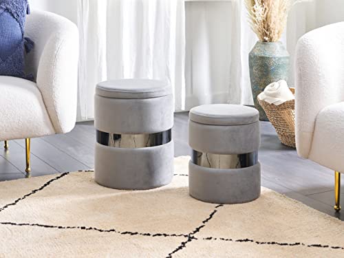Set Di 2 Pouf Contenitivi Poggiapiedi Con Rivestimento In Velluto Di Poliestere Grigio Stile Glam - 2