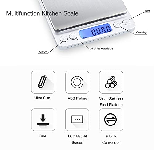 Joeaa Food Scale Digital Weight Grams And Ounces, 0.001Oz/0.01G 500G Kitchen Scale For Food With Backlight Lcd Display, Tare, 9 Units, Auto Off, 2 Trays, Batteries Included - Stainless Steel #TOP1