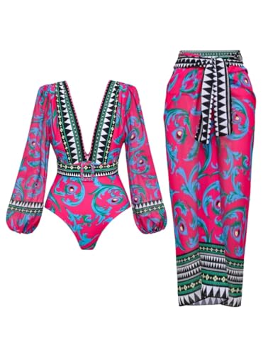 FLAXMAKER Women One Piece Long Sleeve Peacock Totem Print Deep V Neck Belt Two Piece Set Bathing Suit and Sarong
