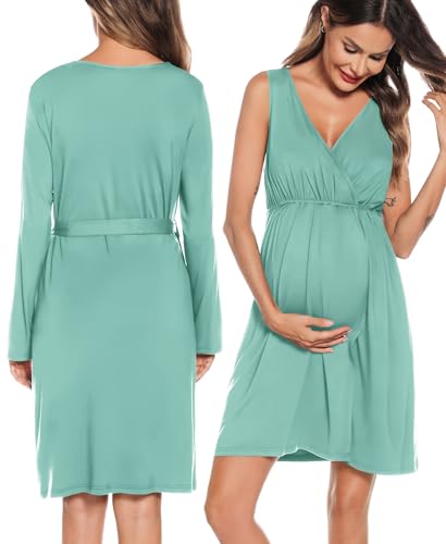 Image of SWOMOG Women Maternity Nursing Gown and Robe Set 3 in 1 Labor Delivery Nursing Nightgown for Breastfeeding Hospital Bathrobe