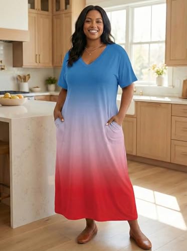 Image of SUZONANA Plus Size Maxi Dresses for Women T Shirts Dress Long Summer Outfits Casual Short Sleeve Oversized with Pockets Ombre Gradient Print Blue Red XL